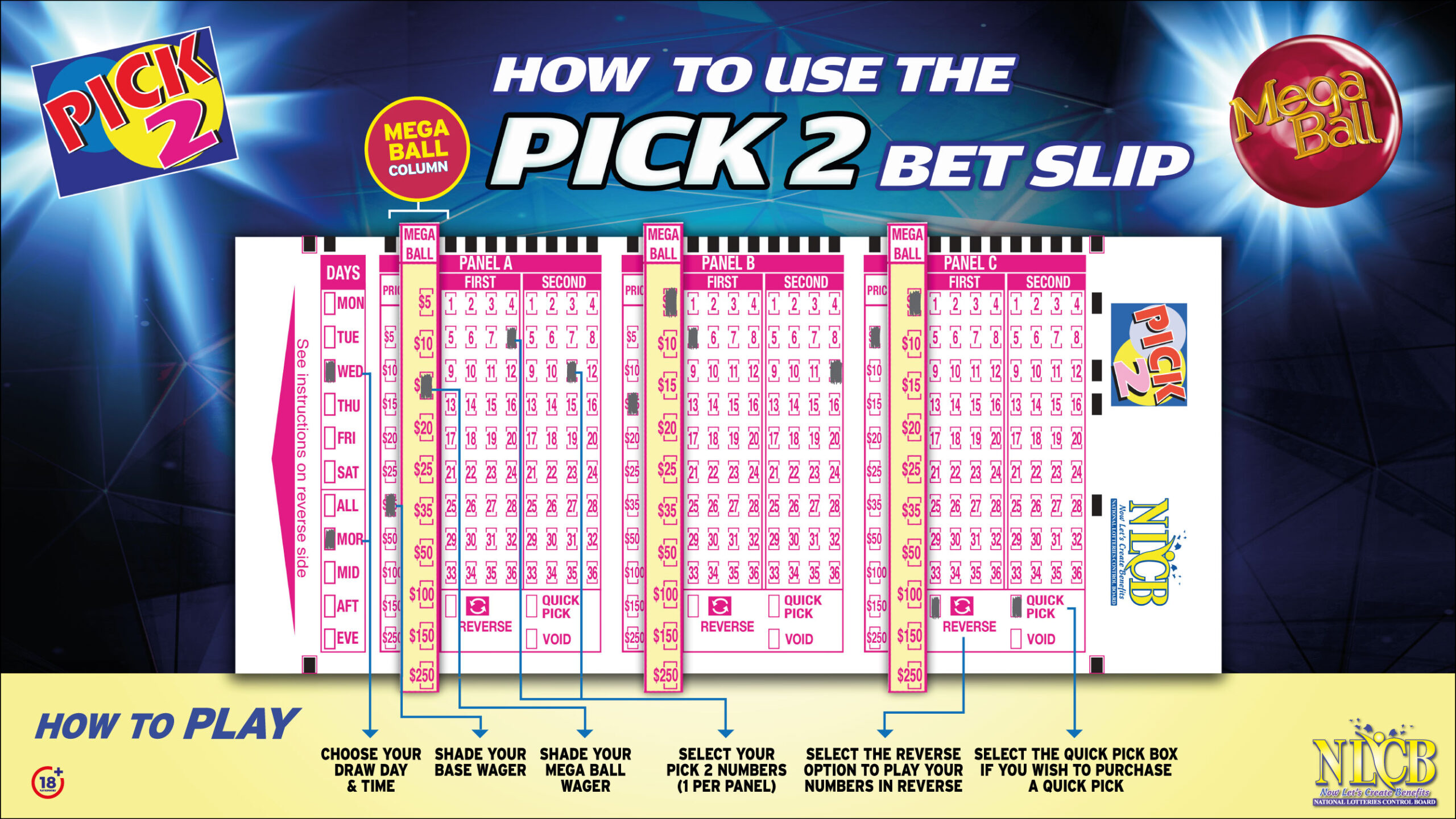 Pick 2 with Mega Ball- How to use the Pick 2 bet slip