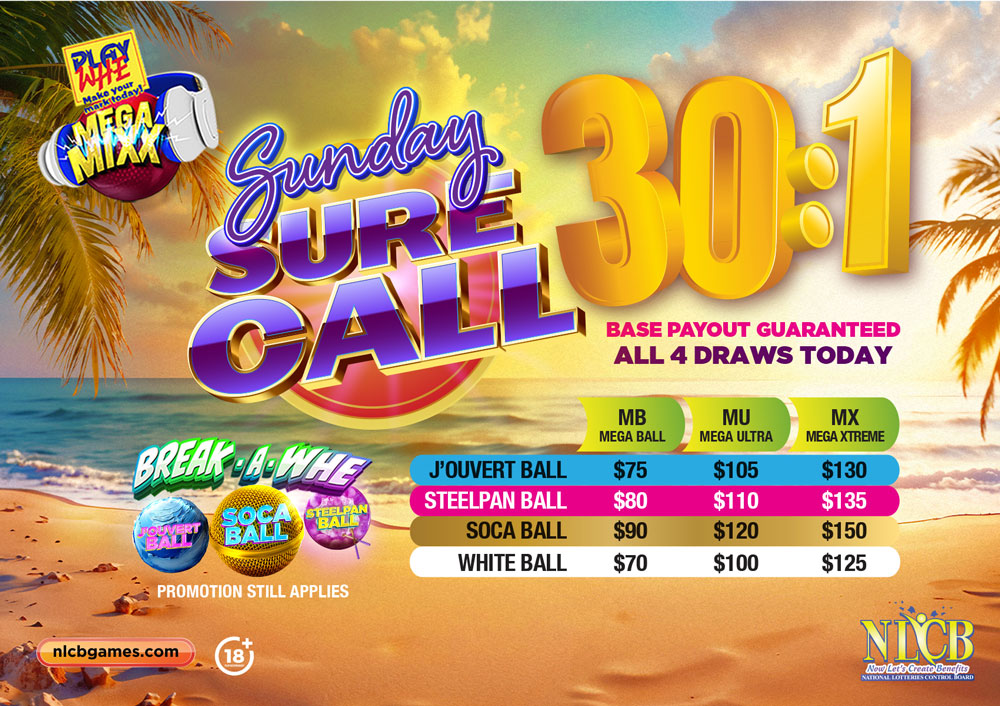 NLCB Play Whe - Sure Call - Base Payout Guaranteed on All 4 Draws Today!
